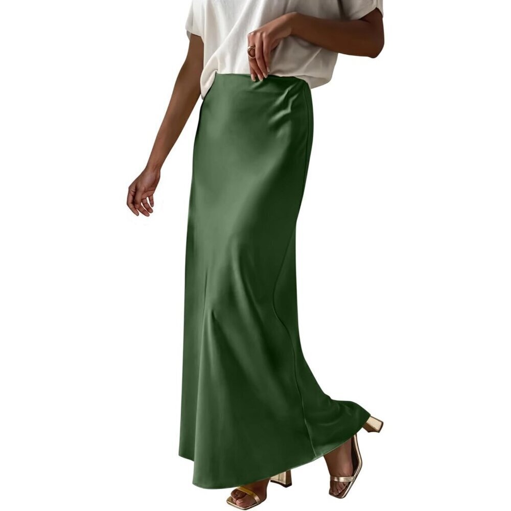 Women Army Green Maxi Dressy Casual Zipped High Waisted Silk Elegant Long Skirt